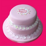 Birthday cake with pink and white icing